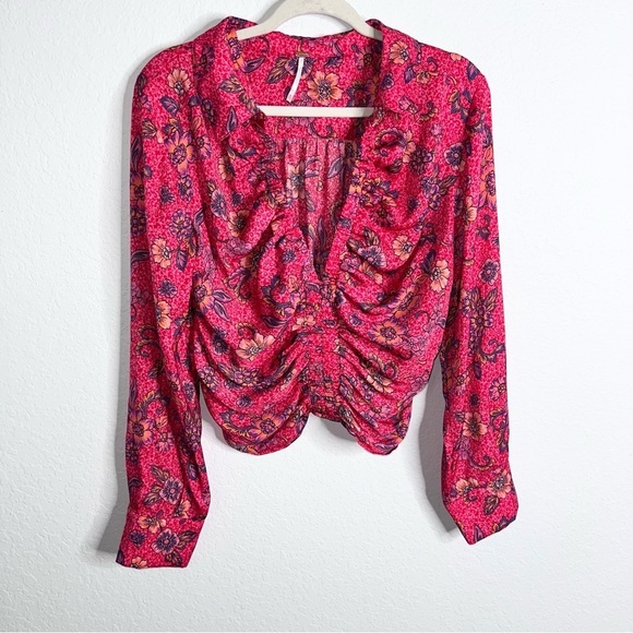 Free People Top Women XL Blouse Floral I Got You Crop Long Sleeve Ruched EE - Picture 2 of 8
